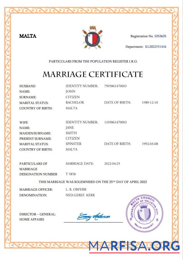 Printable Malta marriage certificate Word and PDF template